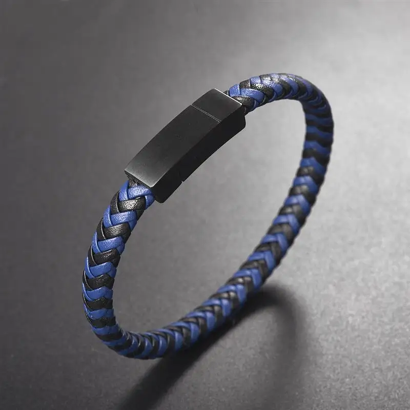 Модный плетеный кожаный мужской браслет черный из нержавеющей стали с магнитной