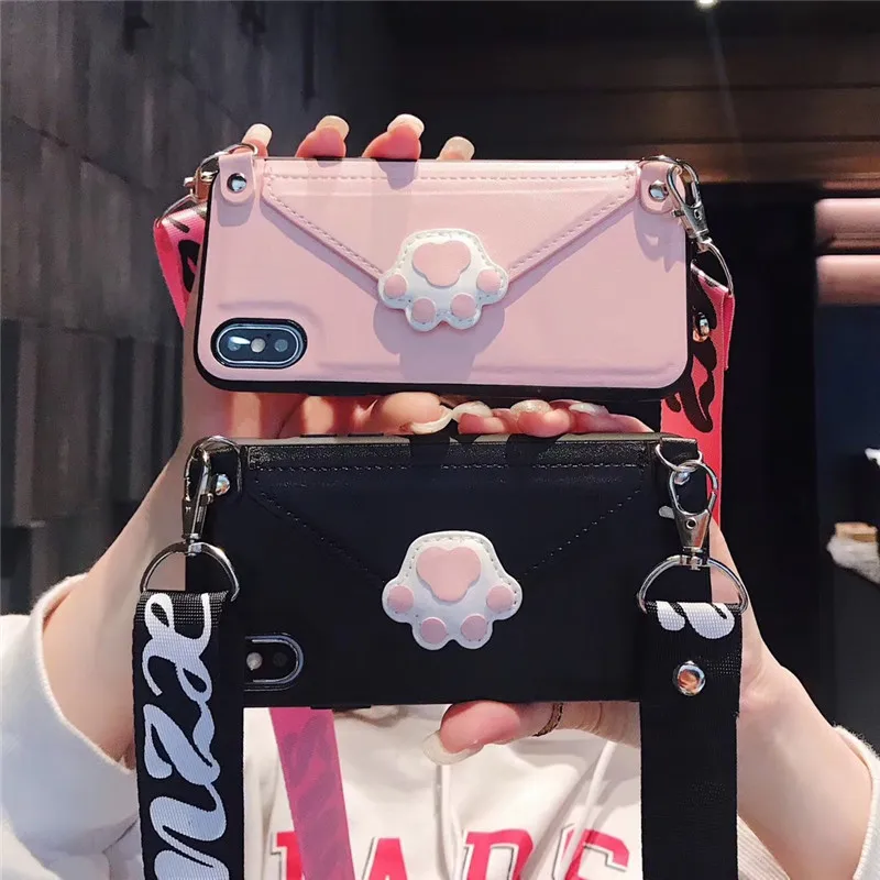

Cat's Paw Card Wallet for IPhone 7 Plus Case Lanyard Protector for IPhone 11 12 Pro Max X XR XSMAX 7 8 Plus Mobile Phone Case