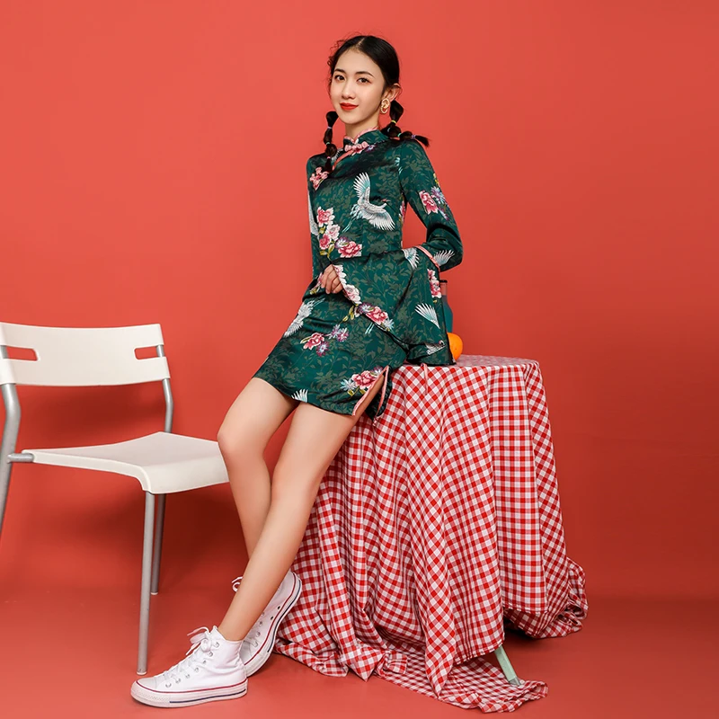 SWEETXUE/современное платье Чонсам для девочек Свободный рукав с принтом в виде