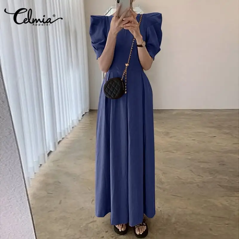 

Elegant Women Solid Party Dress 2021 Celmia Short Puff Sleeve Waisted Stylish Vestidos Office Lady Spring Autumn Maxi Robe Femme