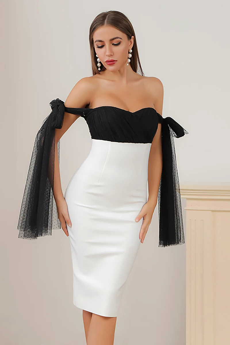 

French Style Celebrity Temperament One Line Collar Bra Dot Mesh Stitching Slim Fit Buttock Wrap Dress