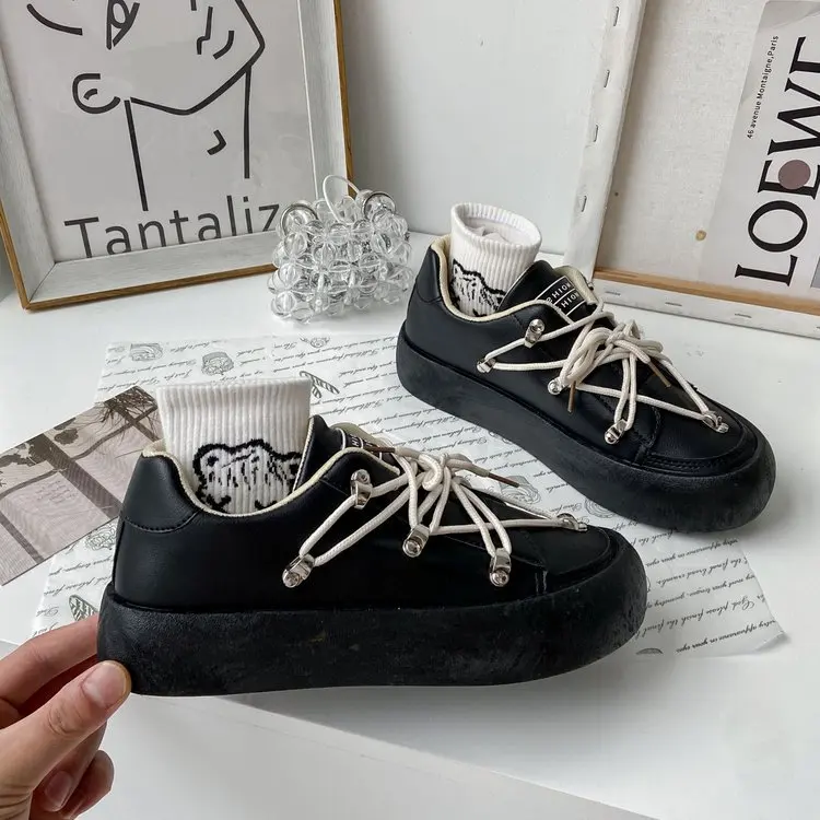 Casual Spring/Autumn Womens Shoes 2021 Fashion Flats Round Toe Lace-up Thick Bottom Breathable All-match Solid High Quality PU