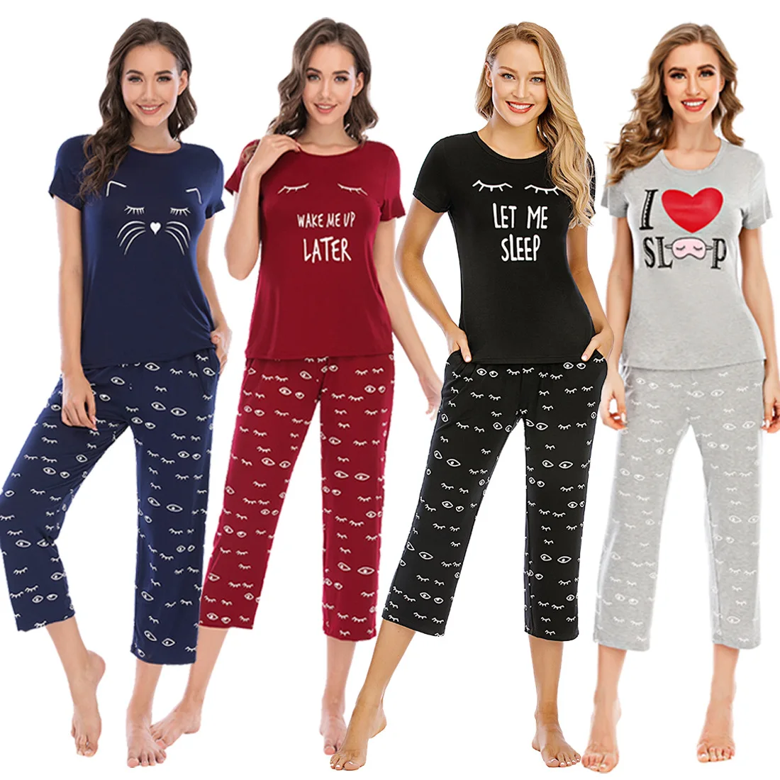 

Printed women's pajamas short sleeves cropped pants cartoon print autumn round collar two suits for home wear