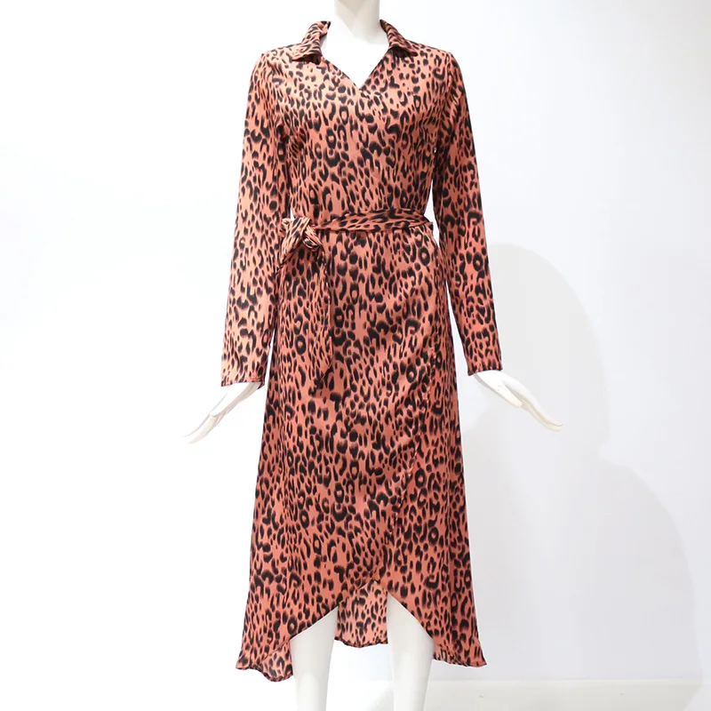 

Plus Size Women Long Dress Sexy Leopard Spring Autumn Chiffon Cross Bandage Dresses Boho Beach Party Loose Long Sleeve Vestidos