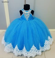 flower girl dresses blue tulle white lace appliqu%c3%a9 cascading kids pageant gowns weddings party children birthday dress