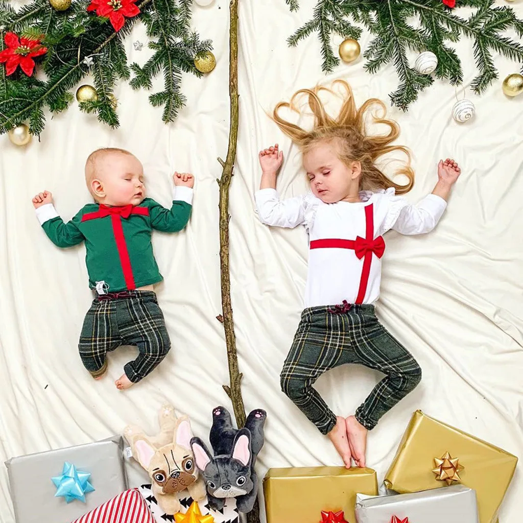 New Trendy Christmas Clothes Toddler Kids Baby Girls Boys Santa Gift Tops Plaid Pants Outfits Children Clothing | Детская одежда и