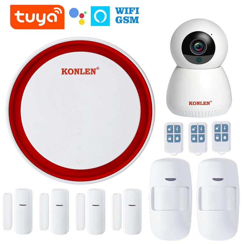 KONLEN Tuya Smart WIFI GSM Alarm System For Home Security Wireless Siren With IP Camera Google Alxea APP SMS Remote Control |