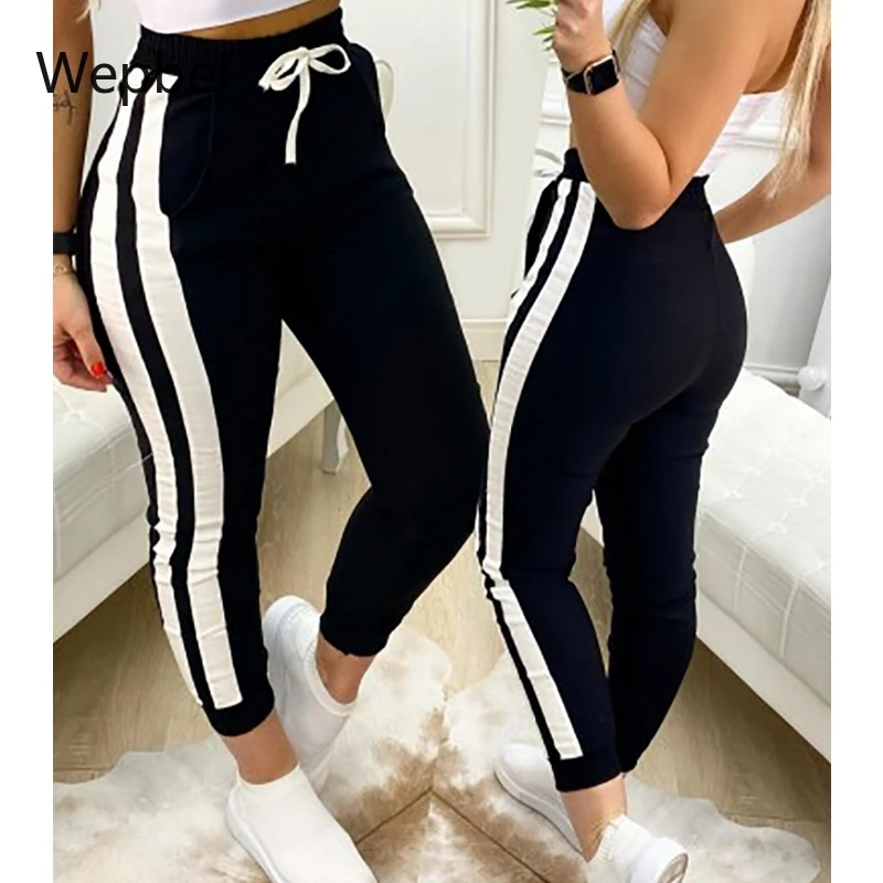 

Wepbel Tracksuits Ladies Workout Wear Pants Side Ribbon Pants Women Mid Waist Stitching Casual Sports Daily Trousers Summer