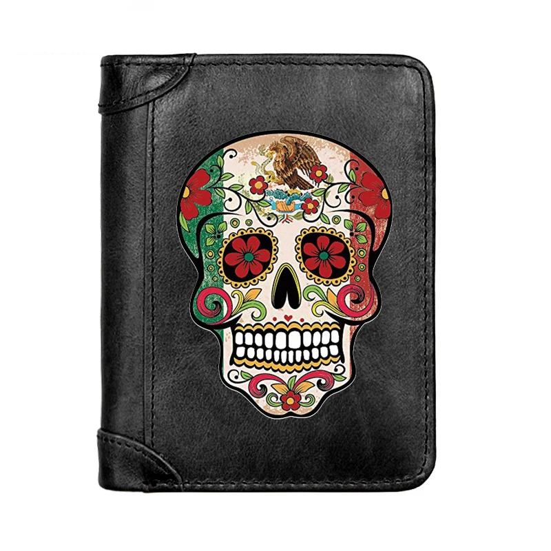

Черный мужской кошелек из натуральной кожи в стиле стимпанк с мексиканским черепом классический Карманный Тонкий держатель для карт мужск...