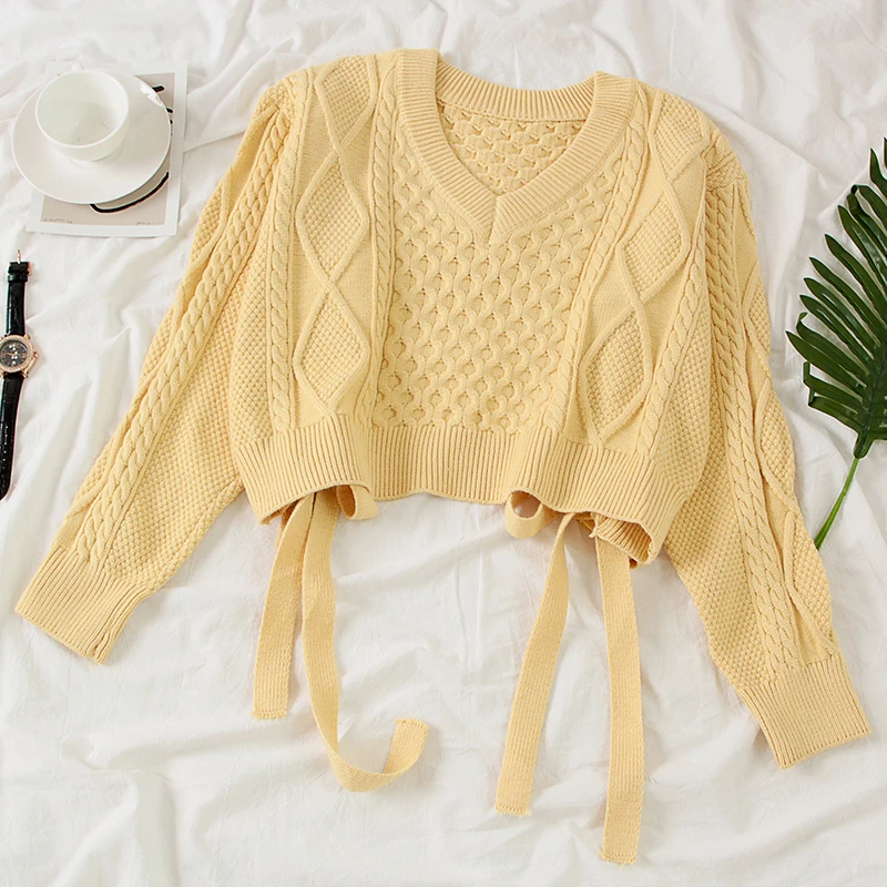 light yellow Осенний модный короткий женский свитер с v-образным вырезом, вязаный Конопляный свитер с цветами, женские свободные повседневные топы - Цвет: light yellow