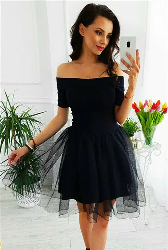 Женское классическое Сетчатое мини платье с оборками черное открытыми плечами