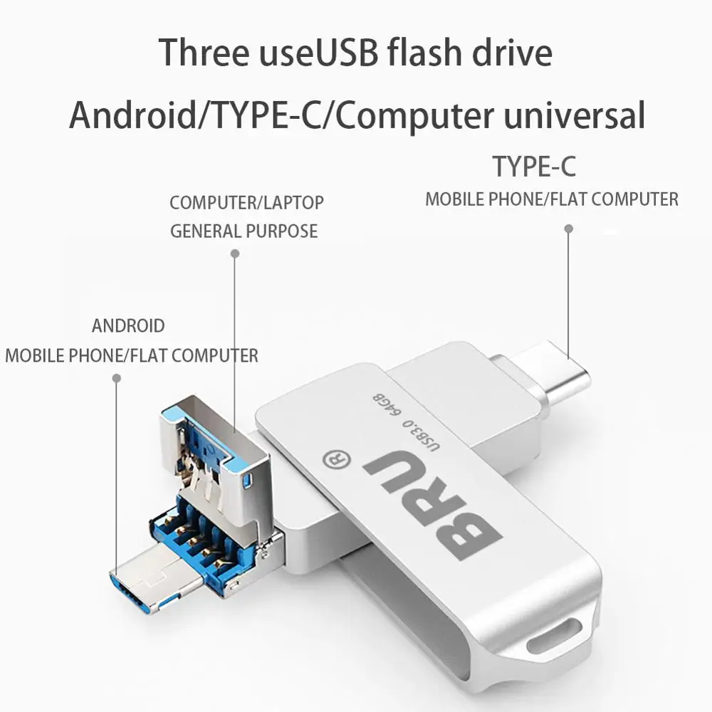 BRU 3 в 1 Otg Usb флешка 0 для Android type-c высокоскоростной флеш-накопитель type C Флешка 16 ГБ 32