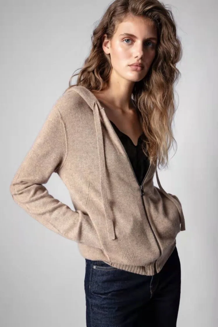 

Новинка 2021, дизайнерский женский свитер со звездами и кожаными швами, на молнии с капюшоном, из 100% кашемира