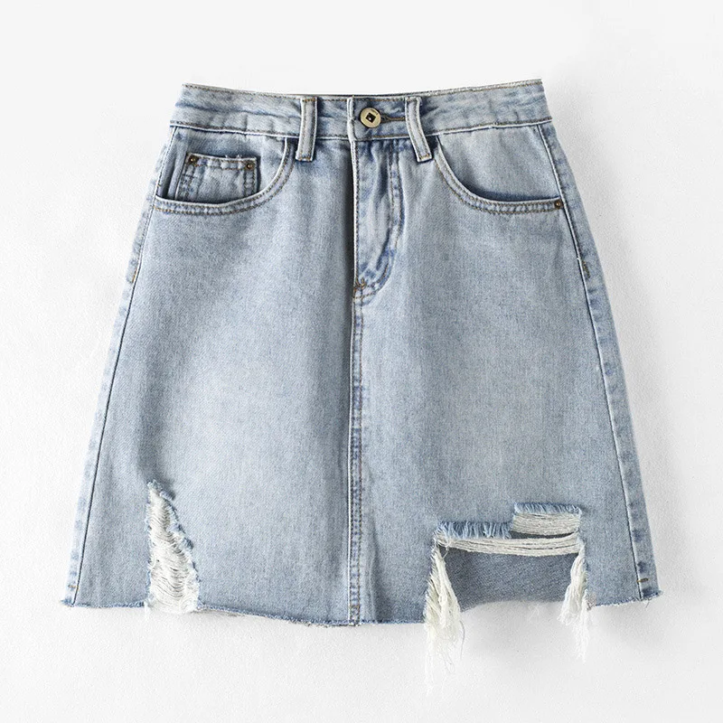 

FINEWORDS 2020 Summer High Waist Denim Skirt Ripped Hole Vintage Plus Size Skirt Streetwear Casual Korean Skirt Sexy Jupe Femme