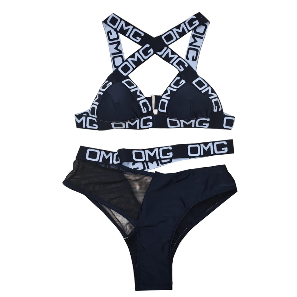Женский купальник ESSV классическое бикини с надписью OMG бандажный лямкой на шее