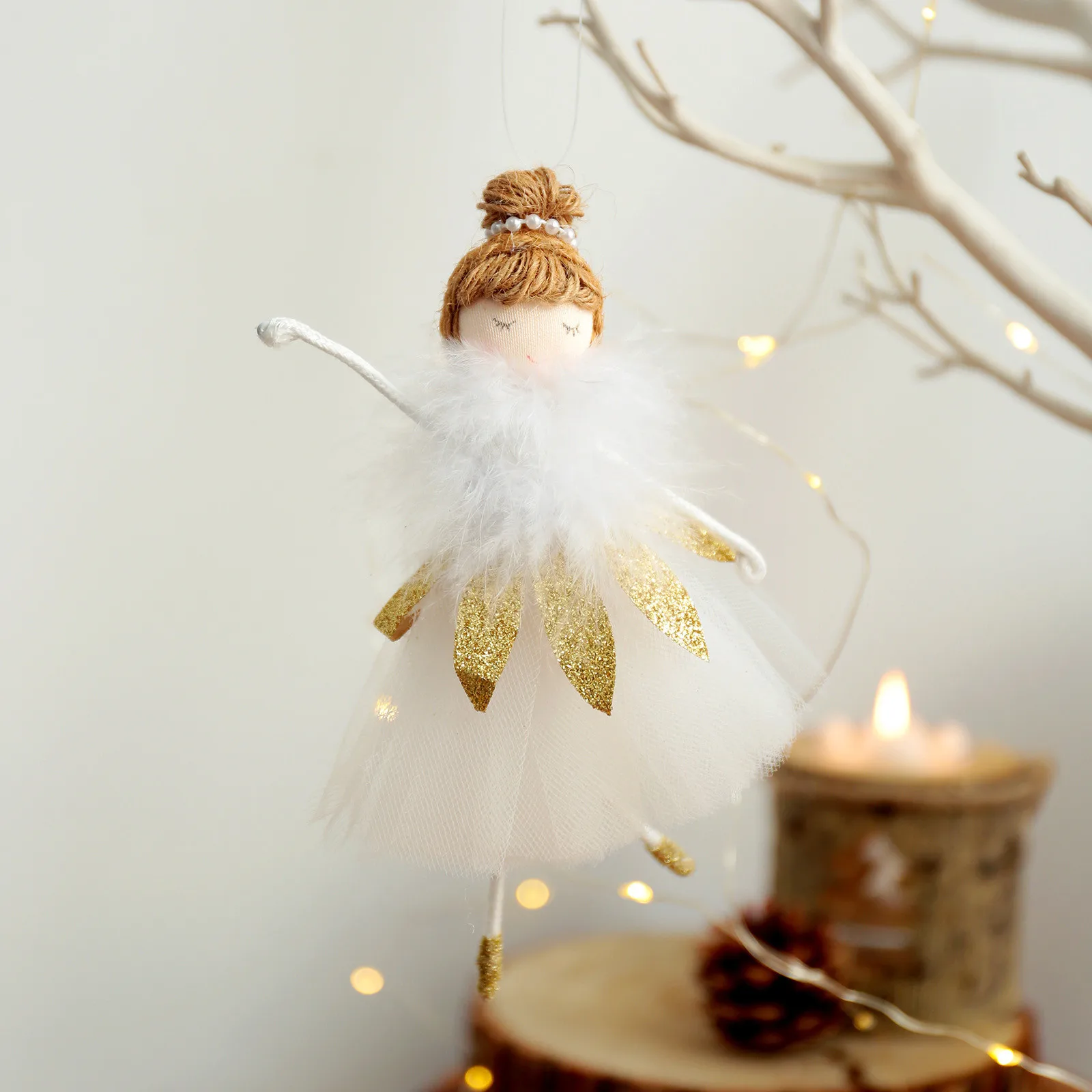 

1PC Artistic Ballet Angel Girl Lace Doll Xmas Tree Pendant Golden Silvery Cute Cartoon Doll Christmas Party Home Decoration