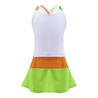 kids girls summer sport suit straps cross at rear open upper back vest and skirt with built in shorts set for running tennis gym