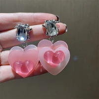 new romantic pink acrylic heart square crystal drop earrings for women girls korean jewelry orecchini