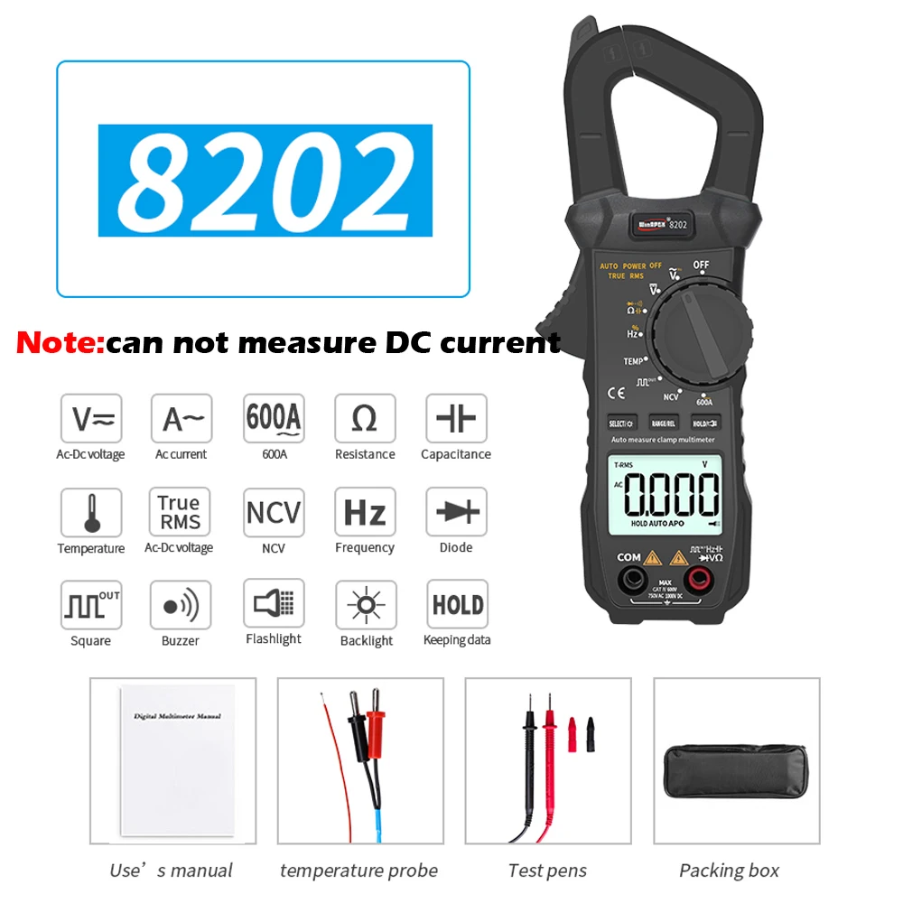 8202 WinAPEX 600A RMS цифровой токовый клещи Карманный мультиметр зажим 6000 отсчетов AC/DC 750 V/1000 V Выходной прямоугольный сигнал - Цвет: 8202