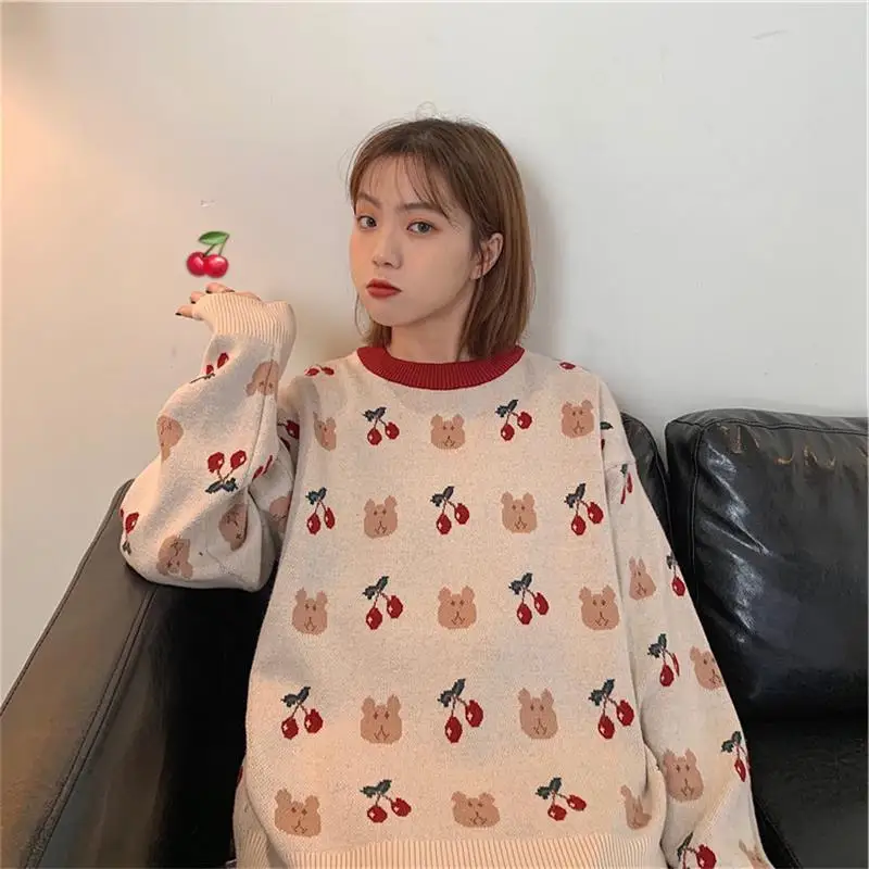 

Женские свитера SHZQ в японском стиле, милые винтажные свободные свитера в стиле ольччан с медведем, вишневый свитер, милая одежда в Корейском...
