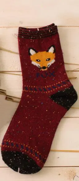 fox head wine Милые теплые носки с рисунками животных; женские новые японские Носки с рисунком оленя, кота, лисы, волка; шерстяные смешанные дышащие носки; сезон осень-зима - Цвет: fox head wine