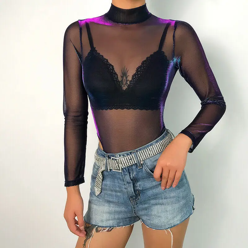 Women Sexy Bodysuit Bodycon Jumpsuit Mesh Sheer See through Romper Leotard Tops Ladies Playsuit Long Sleeve Bodysuits