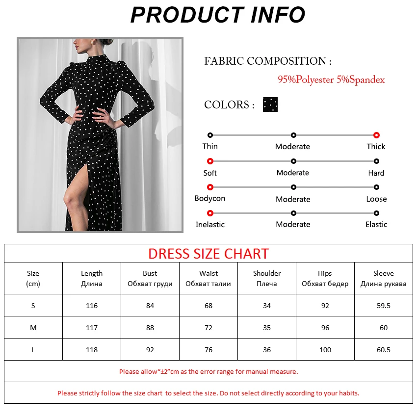 

Woman Dress 2021 Spring Elegant Vintage Black Polka Dot Long Dress Casual Stand Collar Puff Sleeve Slim Split Straight Dresses