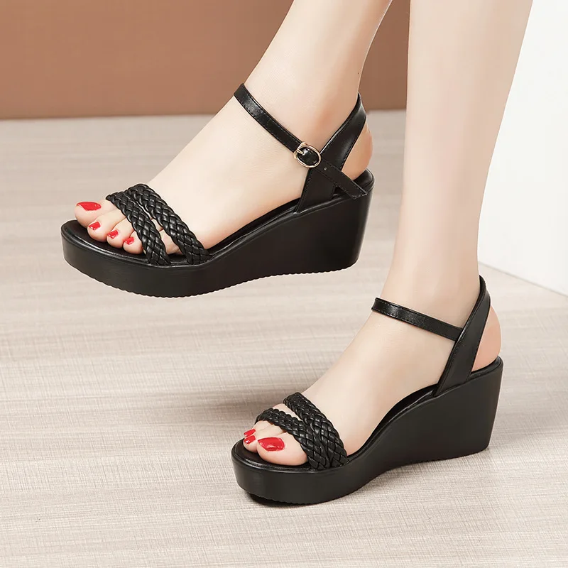 

White Wedges Sandals Women 2021 Summer New Open Toe Large Size 40-43 Ladies Sandals Black Shoes