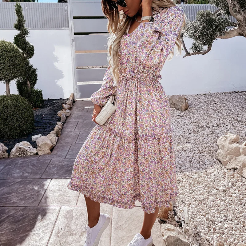 

Women Elegant V-Neck High Waist Lace-Up Party Dress Vintage Floral Print Ruffles Dresses Spring Summer Long Sleeve Casual Dress