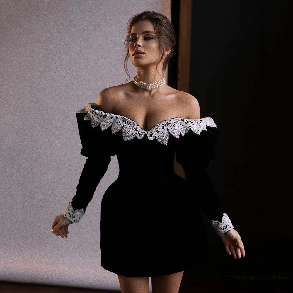 Купи BridalAffair Sexy Off the Shoulder Black Velour Cocktail Party Dresses Puff Long Sleeves Prom Gown Lace Short Formal Dress Women за 4,599 рублей в магазине AliExpress