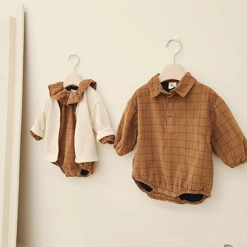 

Spring Autumn Long Sleeve Girls Sweet Plaid Bodysuits Baby Toddler Rompers Kids 2022 Clothes Spliced Buttons Casual Playsuits