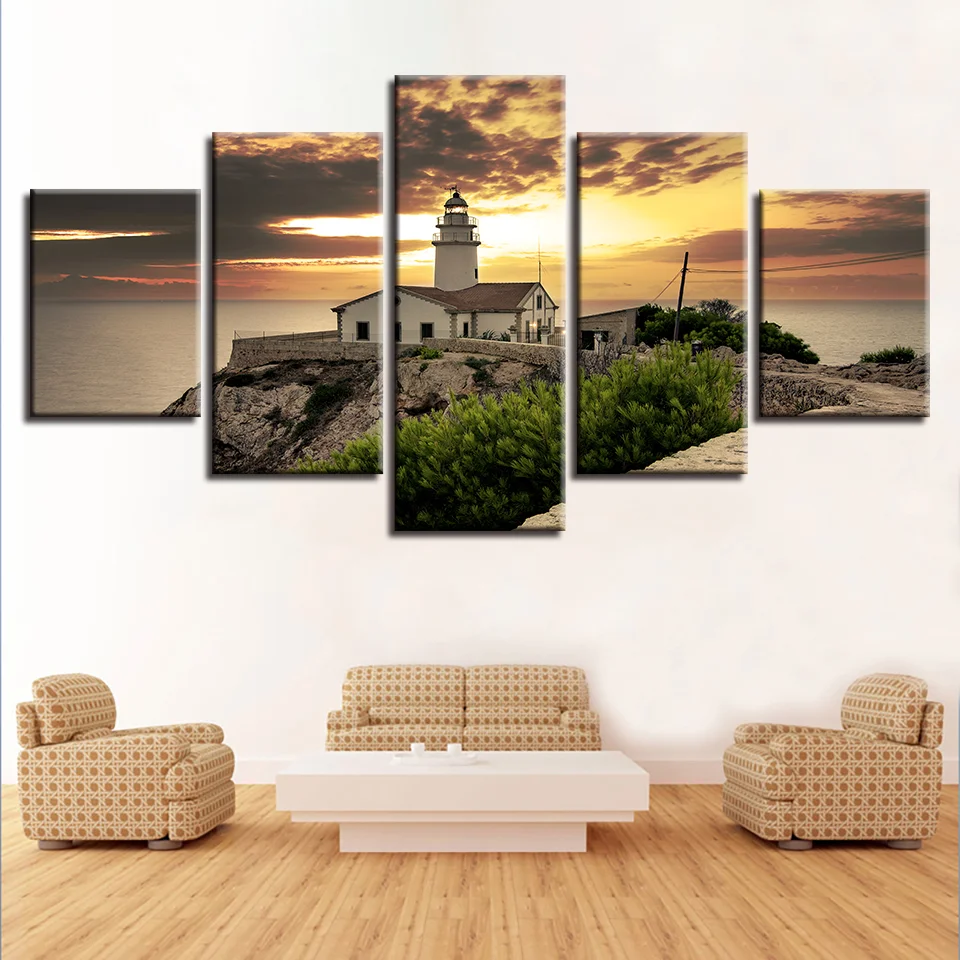 

5 Pieces House Path Sunset Seascape Canvas Painting Decor For Home Living Room Wall Modern Prints Modular Art Pictures Framework