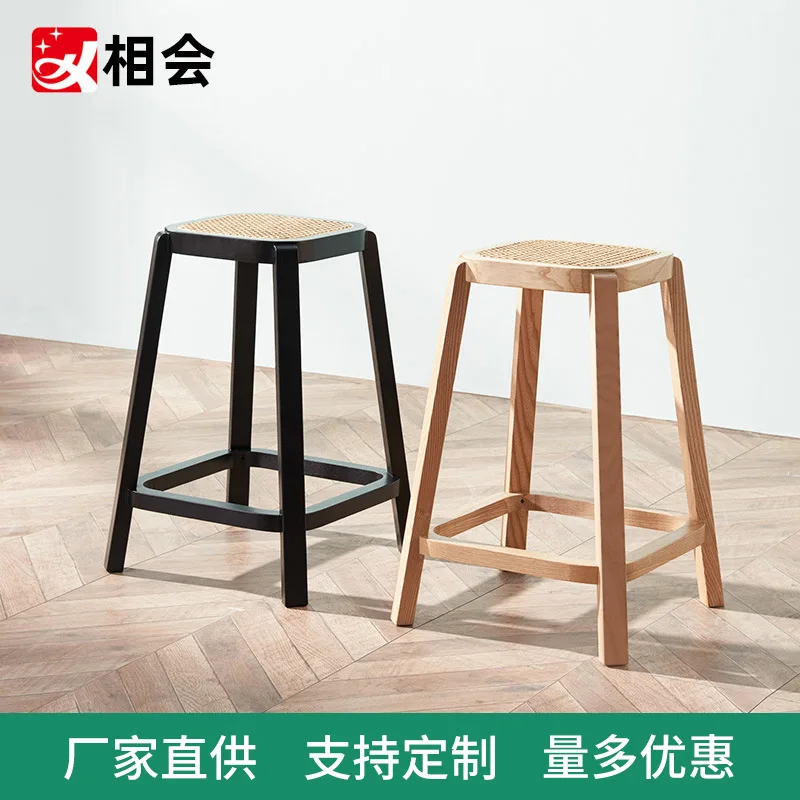 

Nordic Ash Wood Furniture Home Bar Chair Solid Wood Rattan Chair Durable Simple Ins Style Restaurant High-leg Dining Chair
