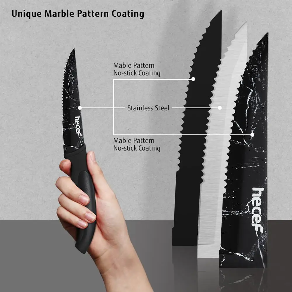 Набор из 6 ножей Hecef для стейка с мраморным узором зубчатое лезвие ручкой