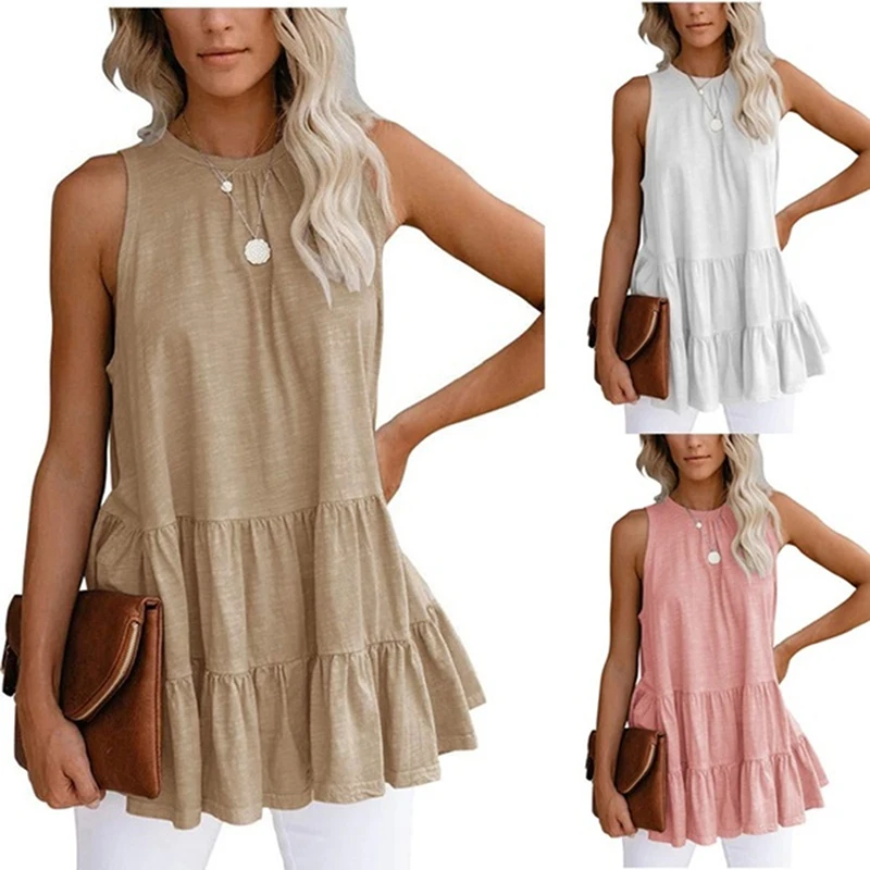 

Elegant Sleeveless Halter Womens Tops Blouses Vintage Solid Ruffles Summer Boho Beach Shirts Backless Loose Blusas Mujer