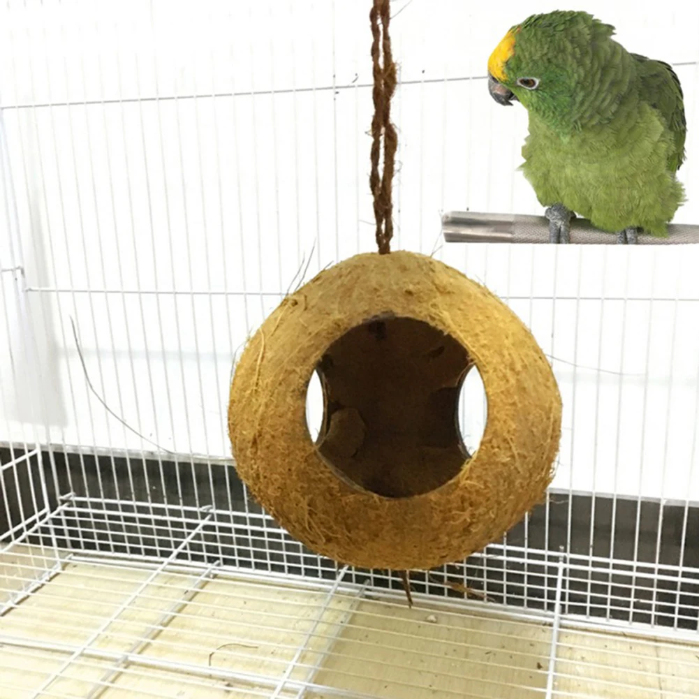 

Three Hole Coconut Shell Bird Nest Wooden Hut Cages Pet Hamster Squirrel Parrot House Hanging Bird Feeder Nesting Garden Decor