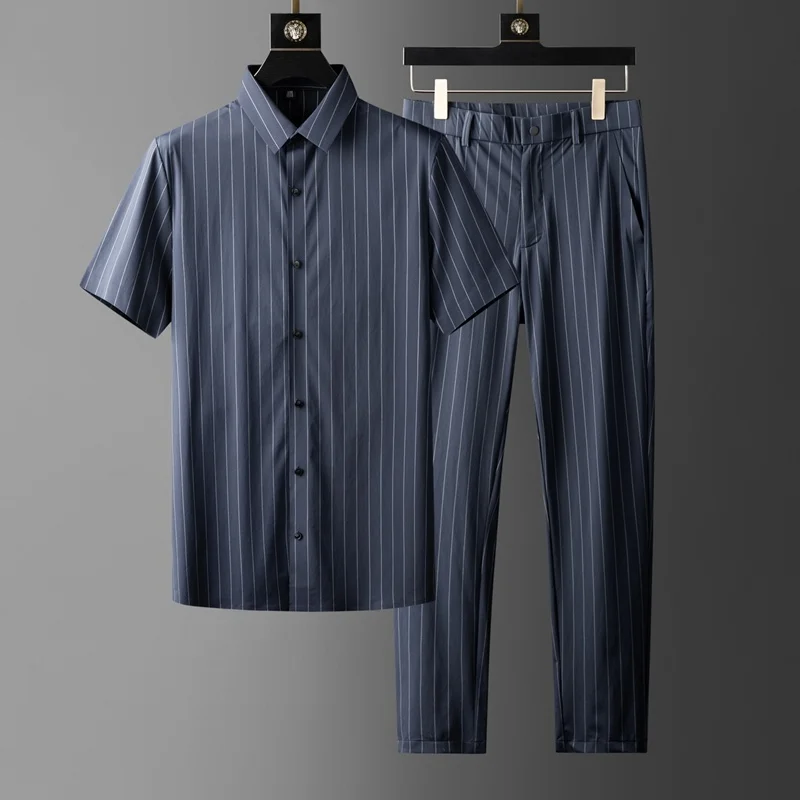 

Summer cool silk smooth vertical stripe short sleeve business shirt glue pressing suit men's fashion breathable sports leisure