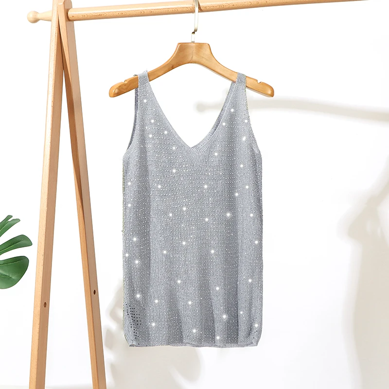 Топ женский трикотажный в Корейском стиле блестящий топ с люрексом майка без
