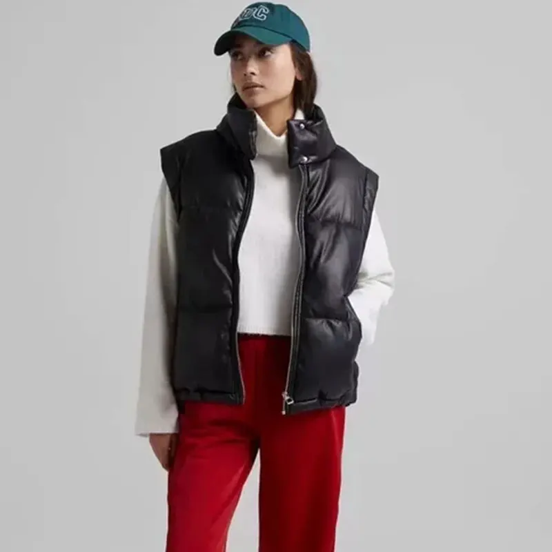 

Nlzgmsj Za Women 2021 Fashion Winter Leather Pocket Padded Waistcoat Vintage Sleeveless Female Outerwear Streetwear 202110