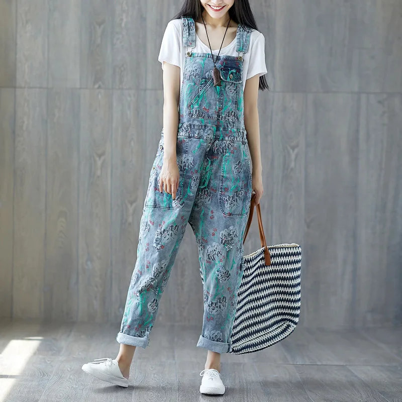 Wide Leg Bib Denim Overalls 2020 Women Vintage Printed Flower Big Pocket Jean Jumpsuit Female Oversize Drop Crotch Rompers | Женская