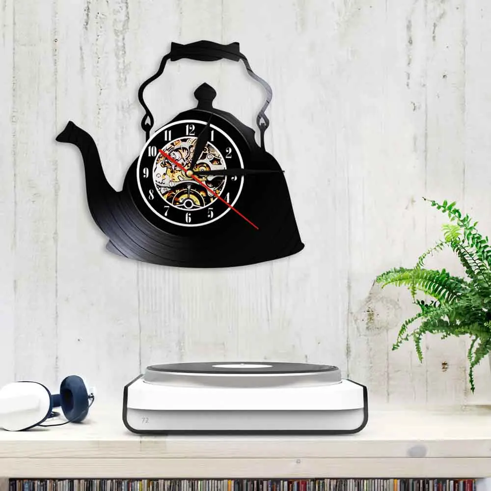 Часы с заварочным чайником винтажный Настенный декор виниловая пластина