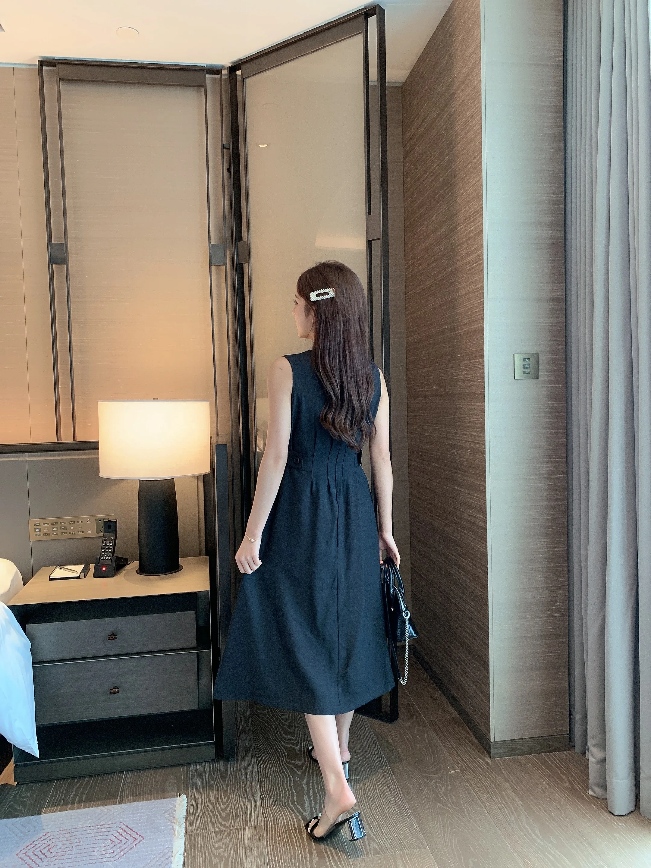 

New style French sleeveless waistband A-line white dress female
