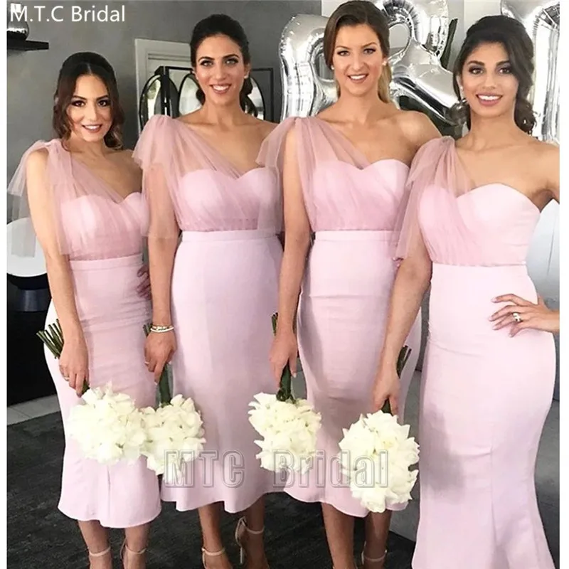 Buy Short Dusty Pink Bridesmaid Dresses One Shoulder Sheath Tea Length Customize Maid Of Honor Dress Plus Size Wedding Party Gowns on