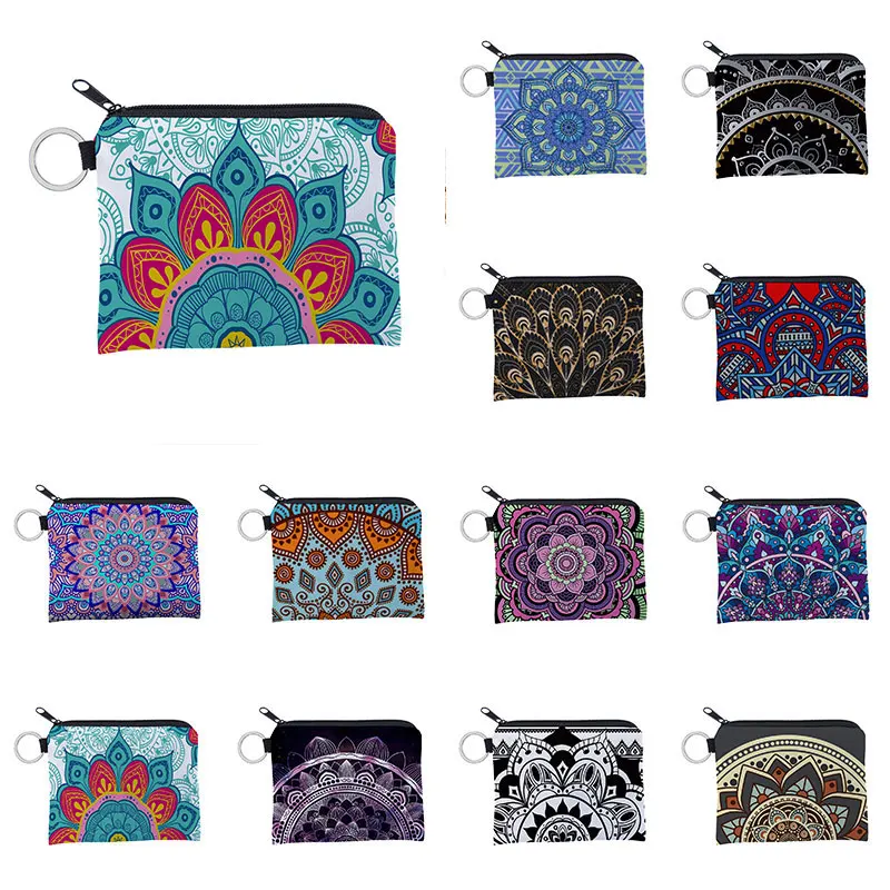 Boho Change Small Coin Purse Mini Wallet Coin Bag Flower Print Pouch Waterproof With Zipper Exquisite Present For Women Girls