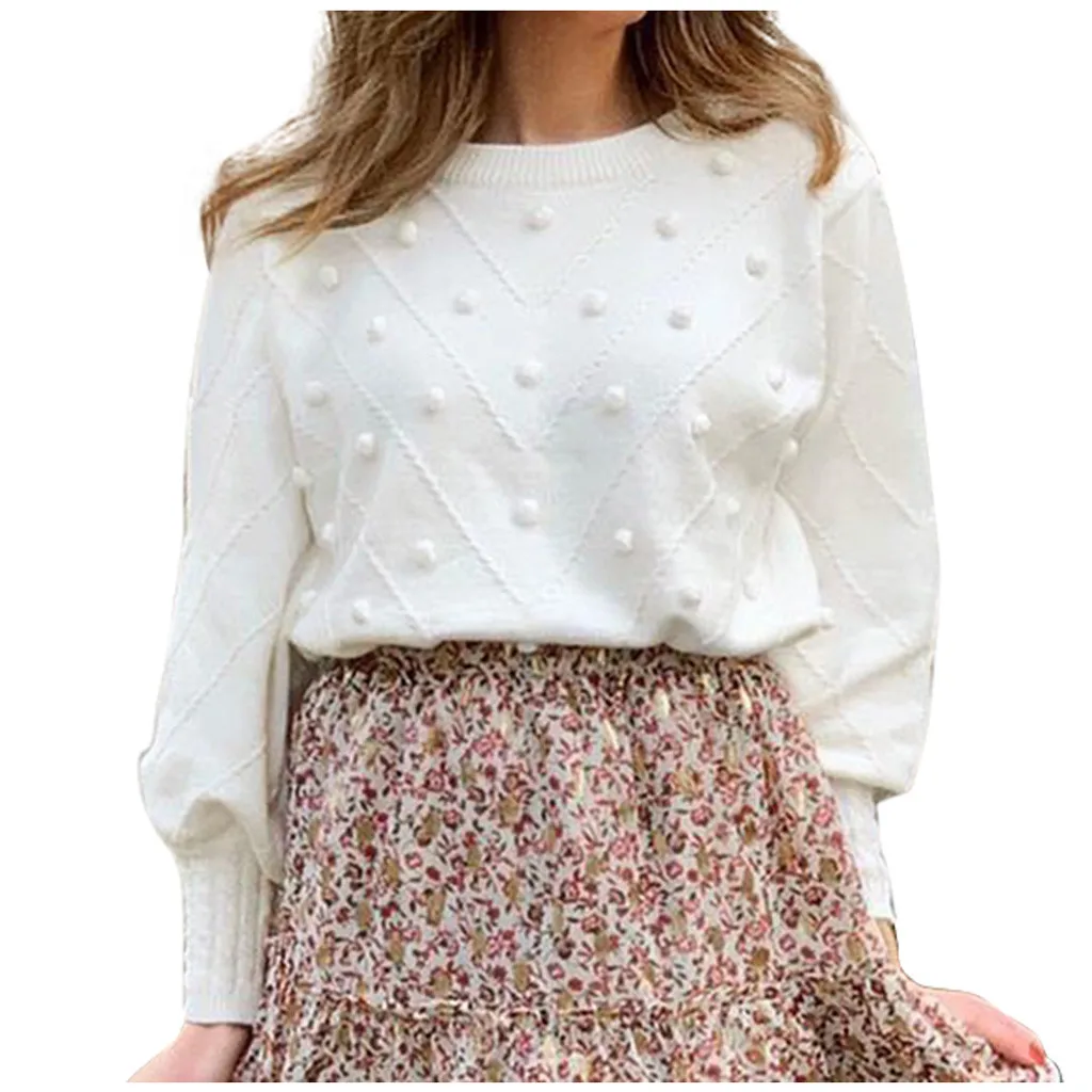 Однотонный женский свитер зимний теплый пуловер с круглым вырезом вязаный