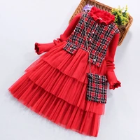 new arrival 2020 kids girl clothes red knitted sweater dress with plaid bag long sleeve fashion big girls layered dress children
