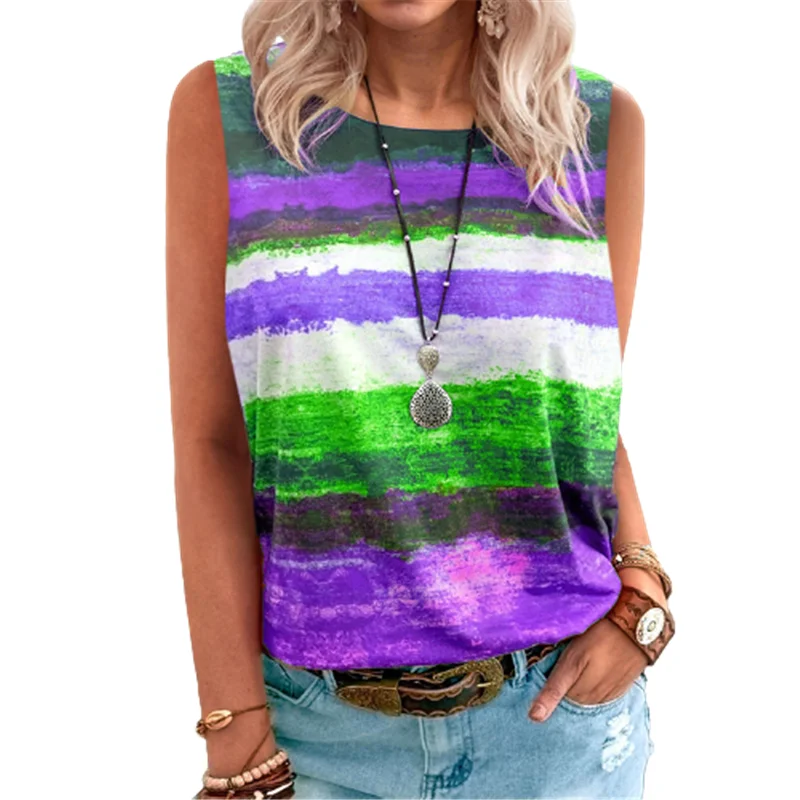 

Sleeveless Casual Women T-Shirts Lady Striped Print Tee Summer O-Neck Large Size Tops Female Street Big Size T-Shirt 5XL Top