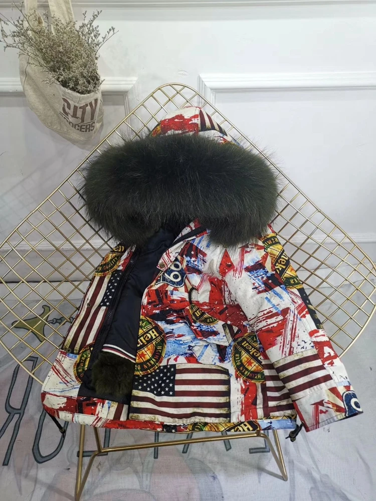 Children Winter Jacket Graffiti Boys Girls Real Fur Coat Thick Warm Rabbit Fur Kids Jacket Coat Furry Natural Fur Collar TZ428
