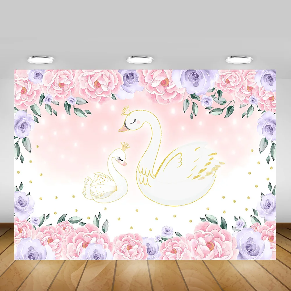 

White Swan Newborn Birthday Party Photography Backdrop Baby Shower Pink Purple Flowers Photo Background for Photo Studio