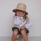 Шляпа Детская из рафии, Соломенная Панама с плоским верхом и складывающимися полями в стиле ретро, для путешествий и для отдыха соломенный, ручная работа